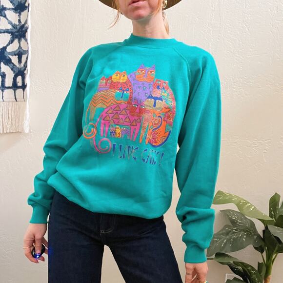 Vintage NWT 1980's Laurel Burch I Love Cats Teal Sweatshirt - Picture 1 of 9